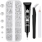 Nail Art Rhinestone Glue Gel&Flatback Gems Accessories Kit, 1 Tube of 15ml Rhinestone Gel Glue(UV/LED Needed)+1 Box of Flat-Back Round Glass Crystal Clear Gemstones with Pickup Pencil and Tweezer
