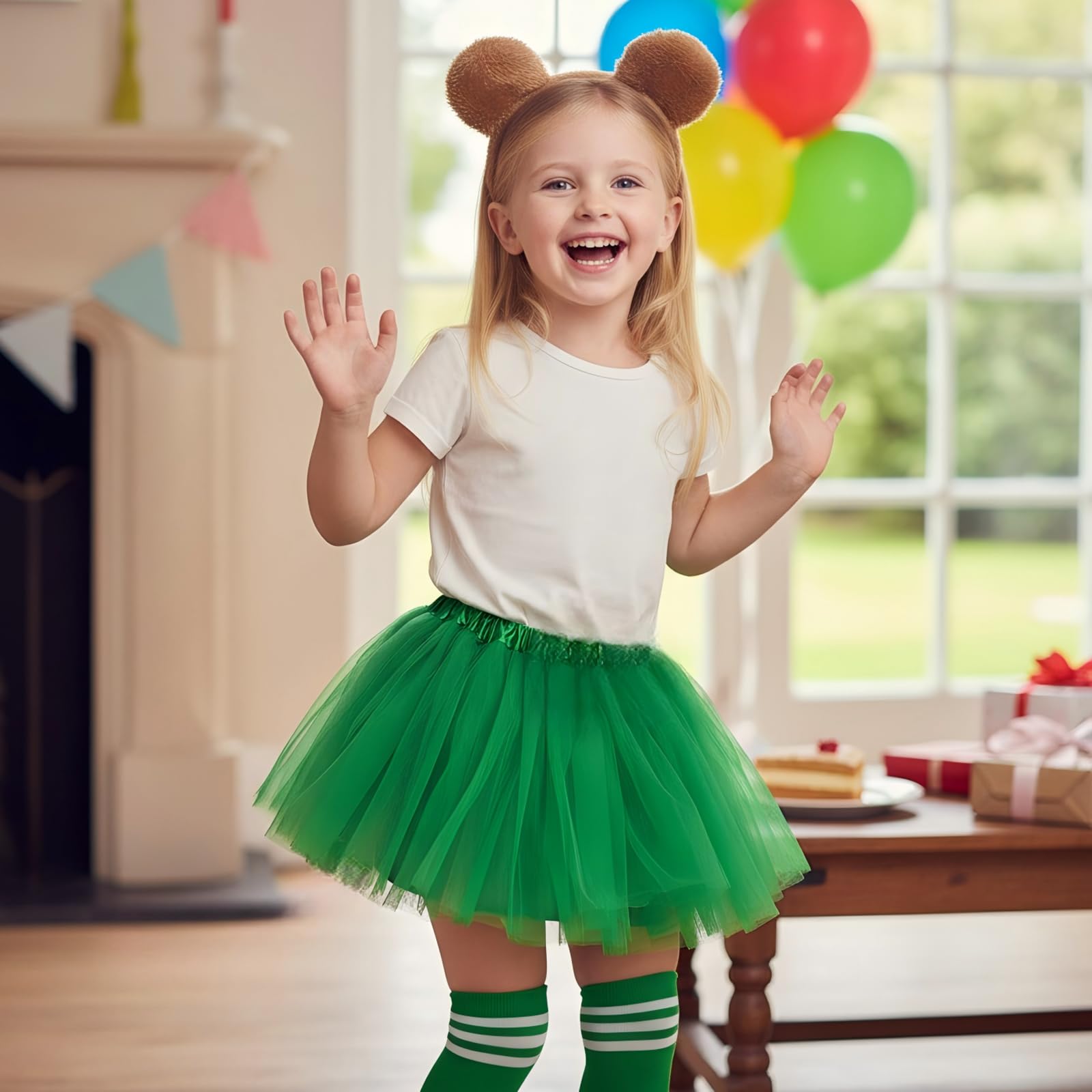 Gibocot 5 Pcs Kids Chipmunk Costume Set including Chipmunk Ears Headband Bowtie Tail Green Tutu Skirt Striped Socks - Image 4