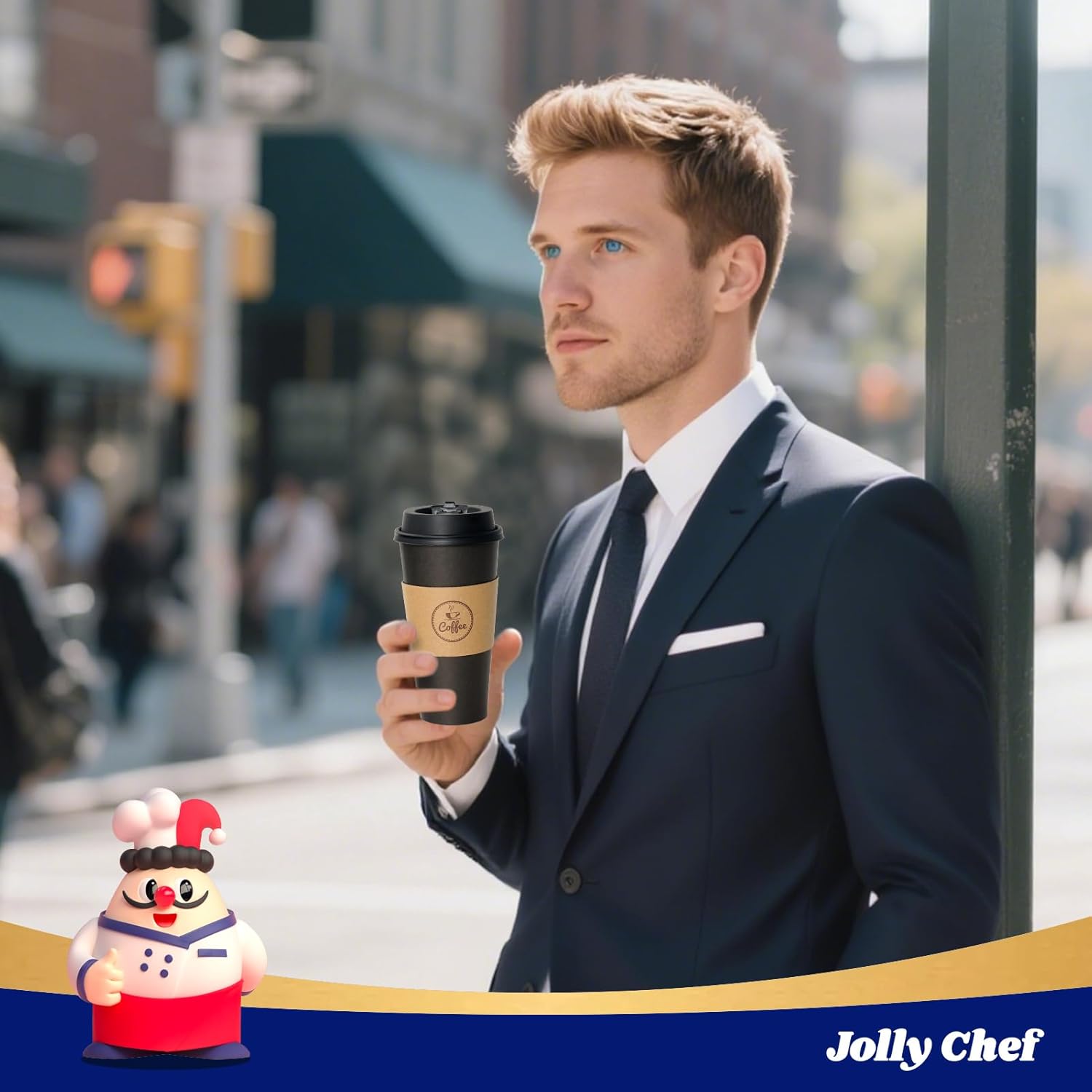 JOLLY CHEF 100 Count 20 oz Black Paper Coffee Cups with Lids, Sleeves and Stirrers for Home, Office, Kitchen, Cafes, Disposable Hot Paper Cups for all Kinds of Beverages - Image 7