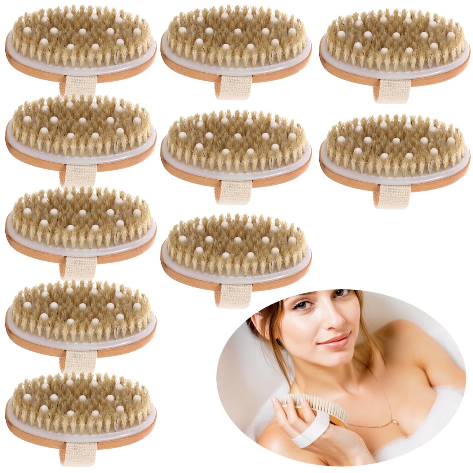 Ręczna szczotka do kąpieli, naturalna szczotka do ciała z włosia dzika, złuszczająca luffa prysznicowa z drewna Nanmu, owalna szczotka do czyszczenia spa z węzłami masującymi, miękki beżowy pasek na
