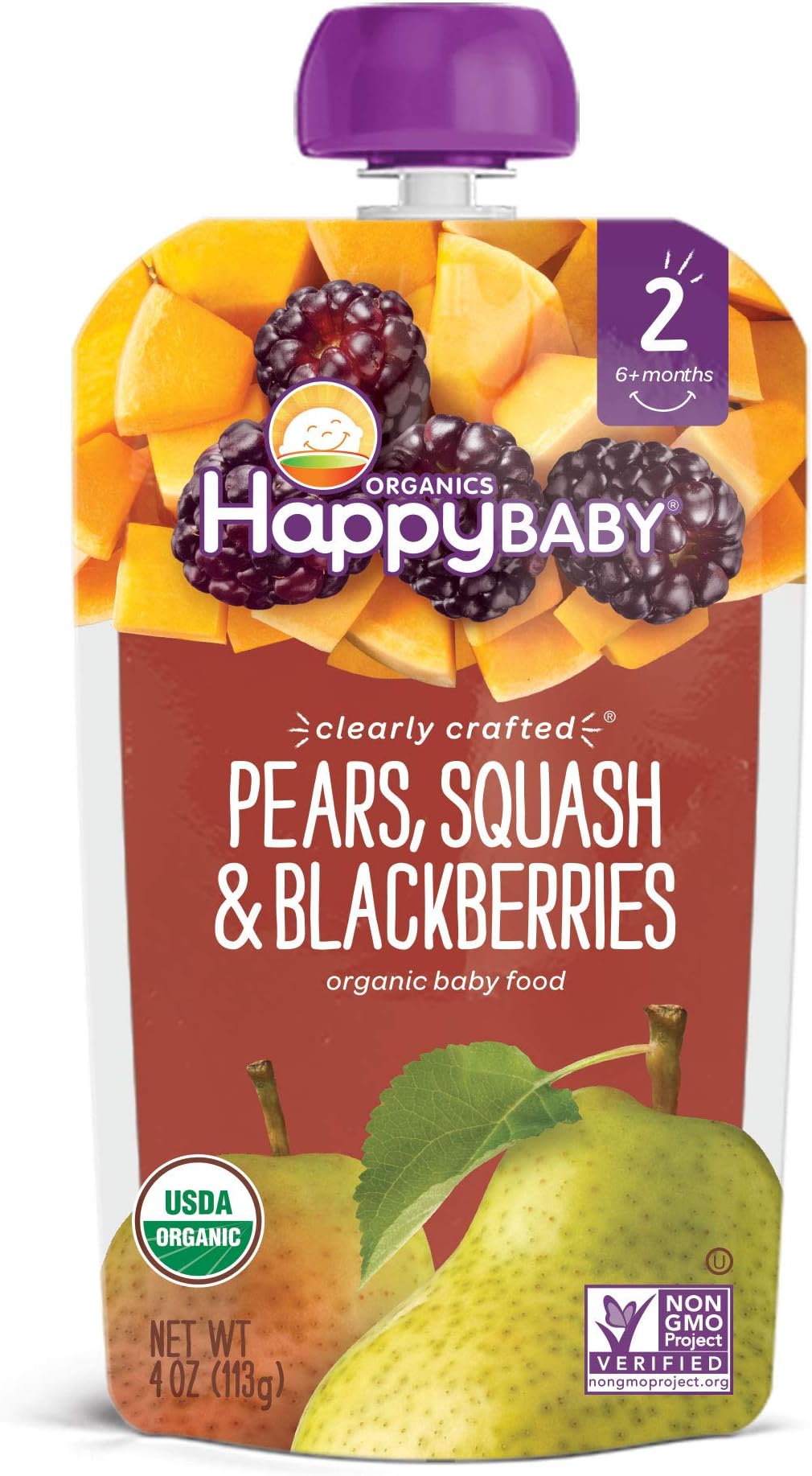 Happy Family Organics Stage 2 Baby Food Contains Pears Squash Blackberries Resealable Pouch Non gmo Gluten Free 113G, 1 Pack
