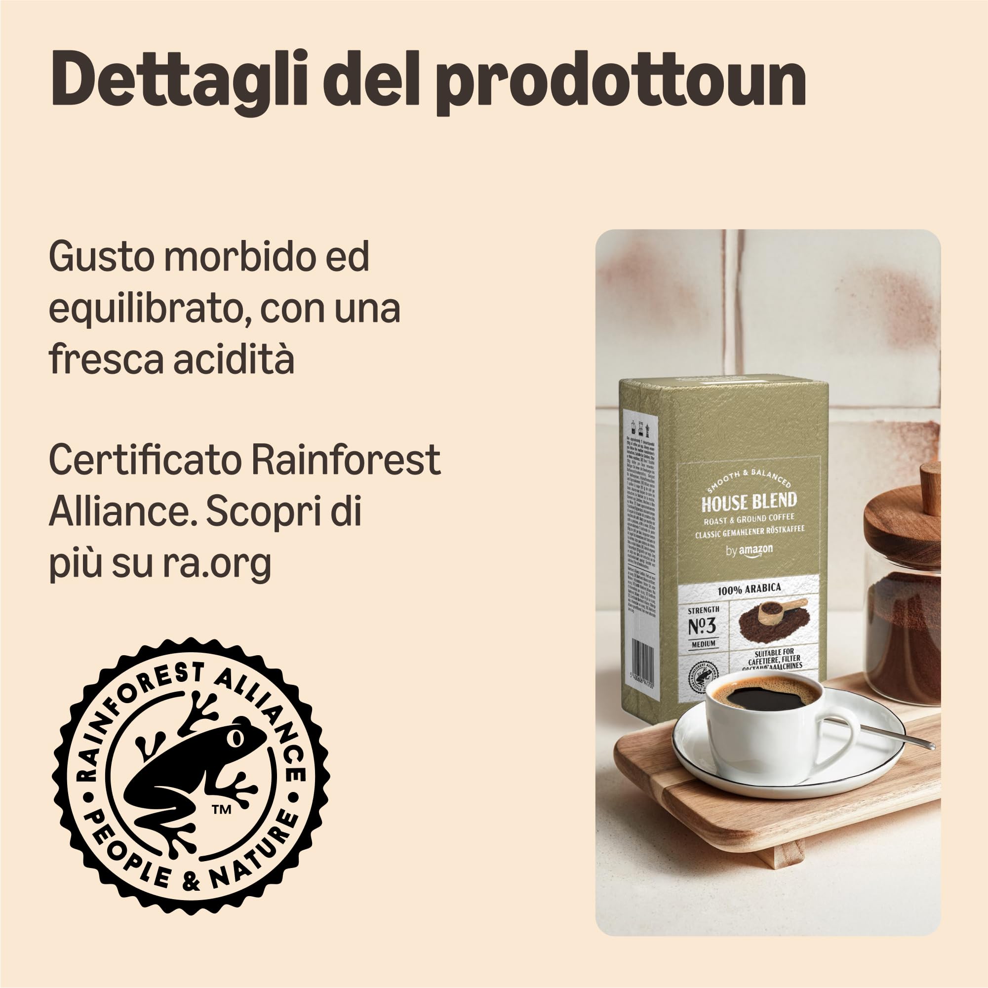 by Amazon Caffè Classico 100% Arabica Macinato e Tostato, Tostatura Media, 500g (1 Confezione da 500g) - Certificato Rainforest Alliance