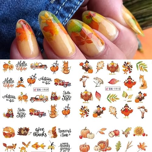 Miniatura 2 de 12 calcomanías de otoño para arte de uñas, hojas de arce, calcomanías de transferencia de agua, calcomanías de otoño, Acción de Gracias, pavo,