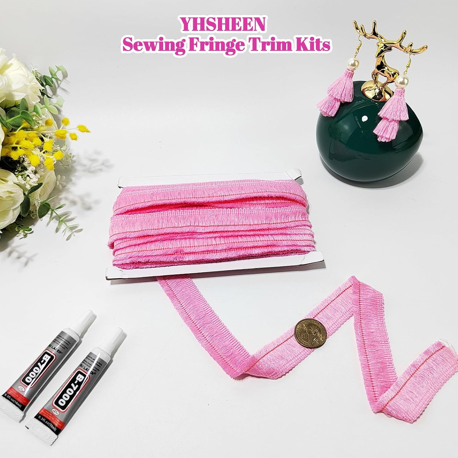 Pink Fringe Trim, 5Yards X 1 Inch Cotton Fringe Trim with B7000 Glue for Crafts Sewing Wedding Birthday Party Decoration