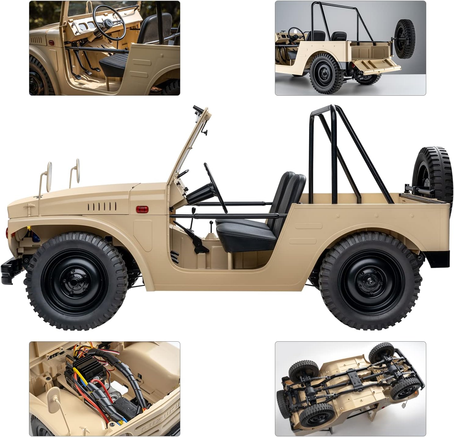 Fms 1/6 Jimny LJ10 RC Crawler with body lifted showing battery and electronics