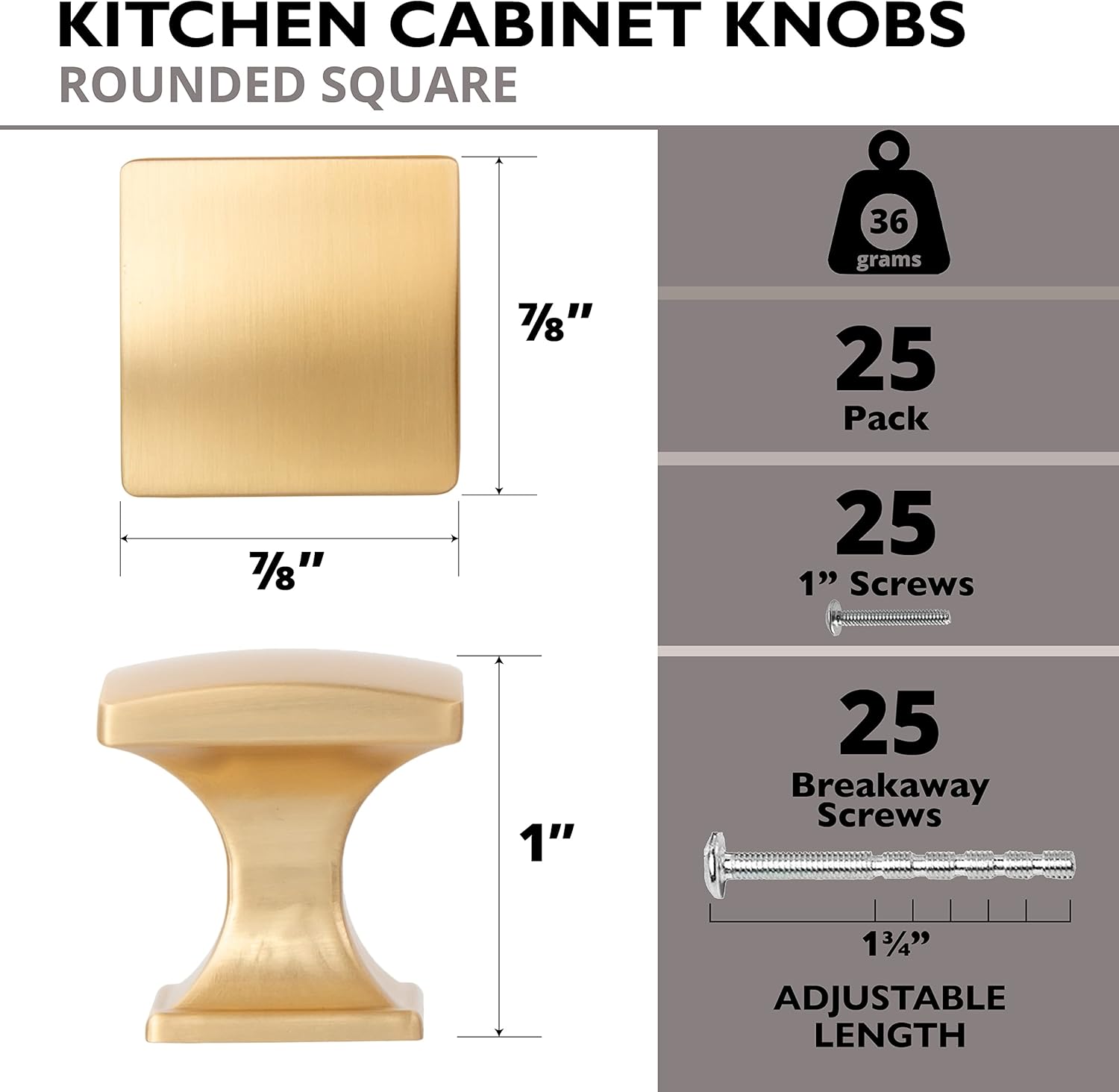 Ilyapa Rounded Square Cabinet Knob, Gold 25 Pack 1 inch Kitchen Cabinet Knob Drawer Pull Handle Hardware