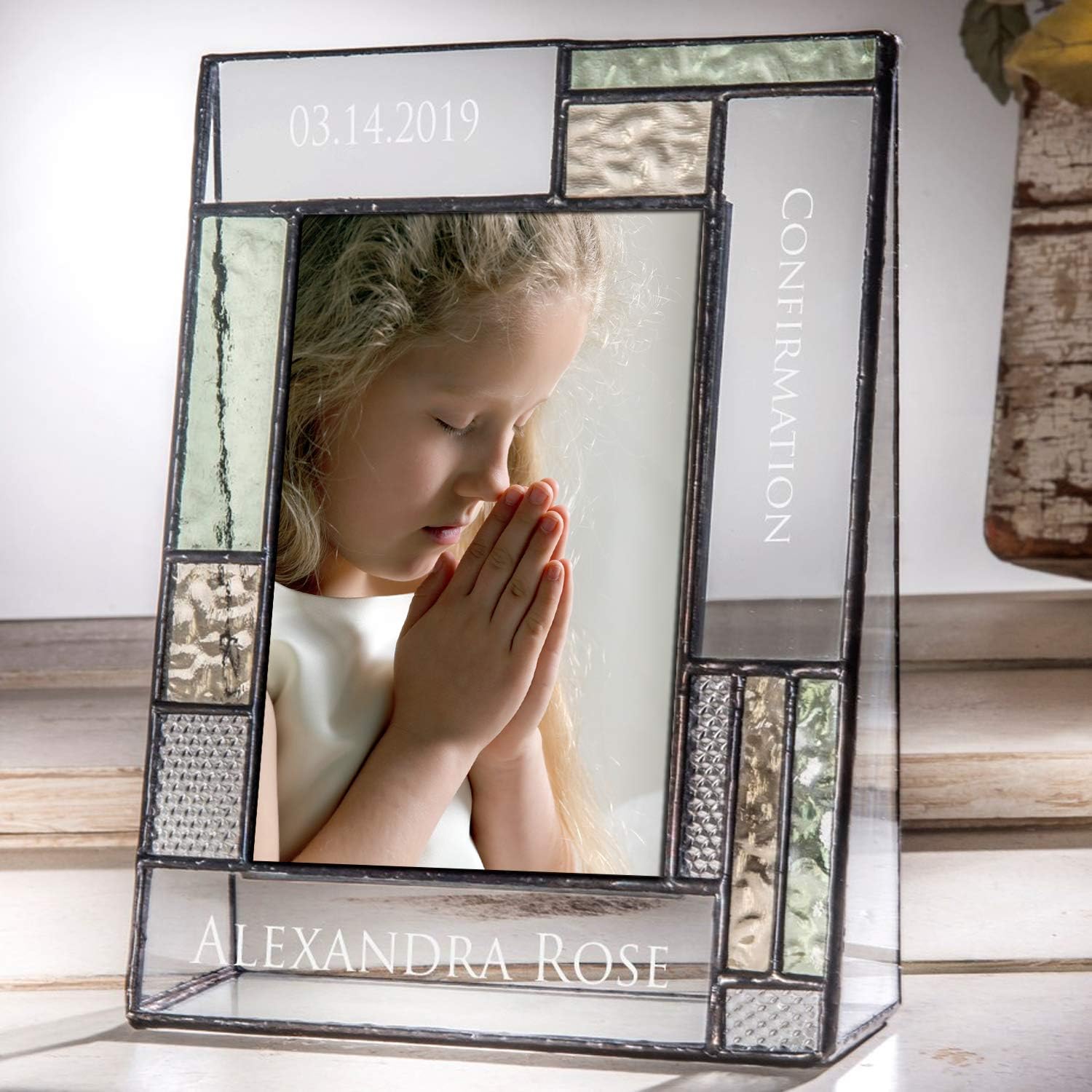 J Devlin Glass Art Stained Glass Confirmation Picture Frame – Personalized Gift, Laser Engraved with Name & Date, Vertical 4x6 Photo Frame, Keepsake