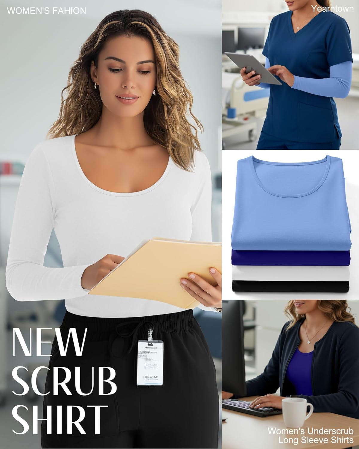 4 Pack Plus Size Underscrub Long Sleeve for Women, Cotton Blend Scoop Neck Undershirts, Nurse Fitted Basic Tops - Image 4