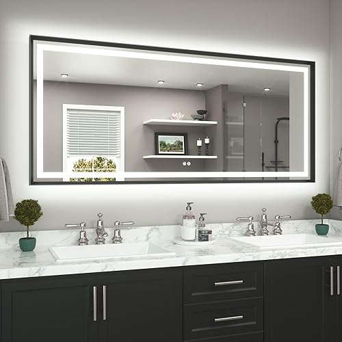 Miniatura 61 de TETOTE Espejo LED de baño de 24 x 32 pulgadas, marco de metal dorado cepillado frontal y retroiluminado, espejo de tocador antiniebla, regulable Oro