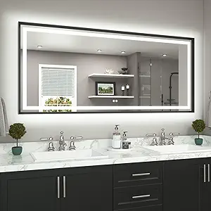 TETOTE 72 x 32 Large Bathroom Mirror Brushed Black Metal Frame Frontlit & Backlit Vanity Mirror 3 Colors White/Warm/Natural Stepless Dimmable Anti-Fog Bathroom Mirrors for Vanity Wall-Mounted