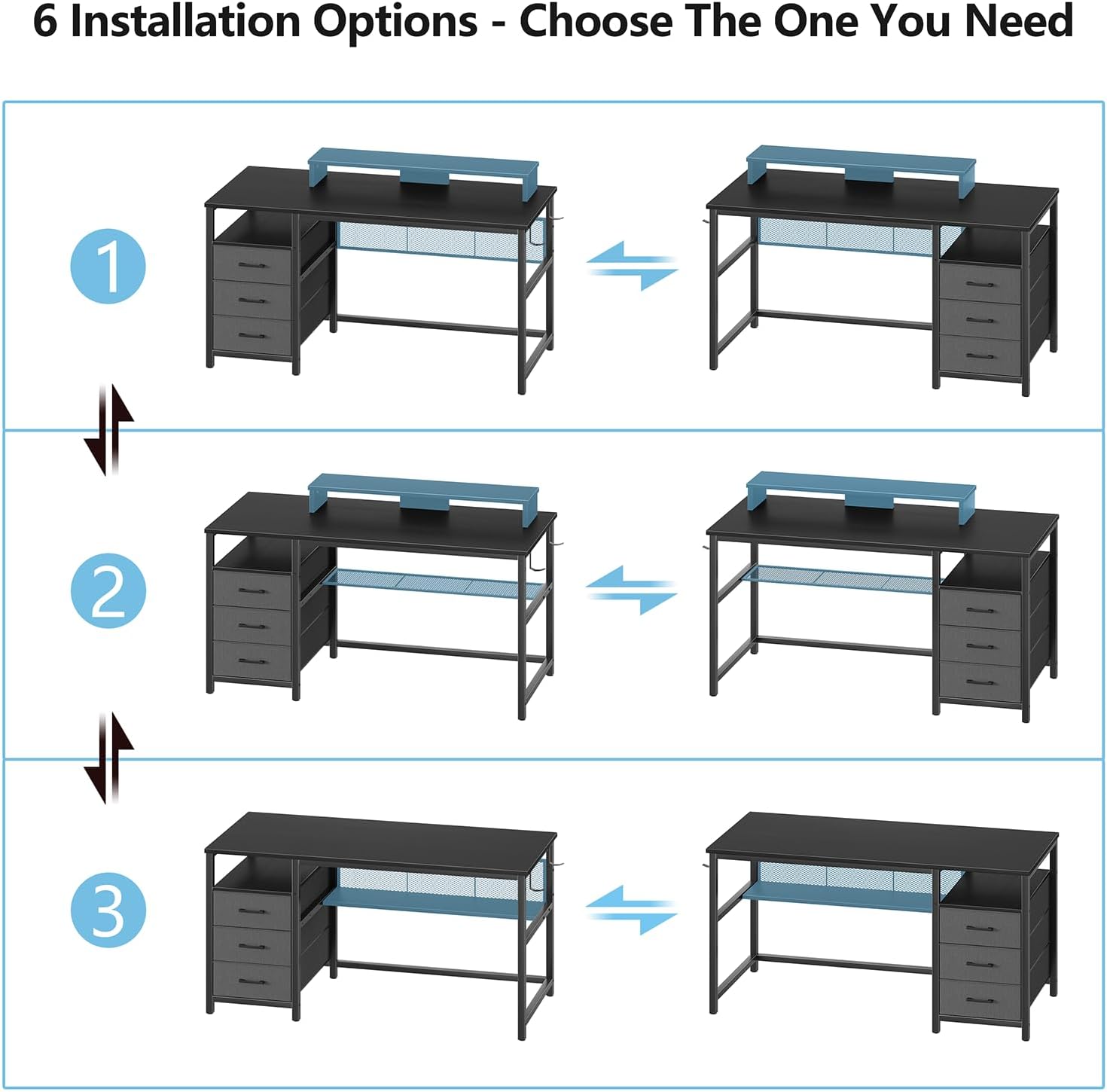 Diagram illustrating six different installation options for the computer desk, showing variations in drawer and shelf placement.