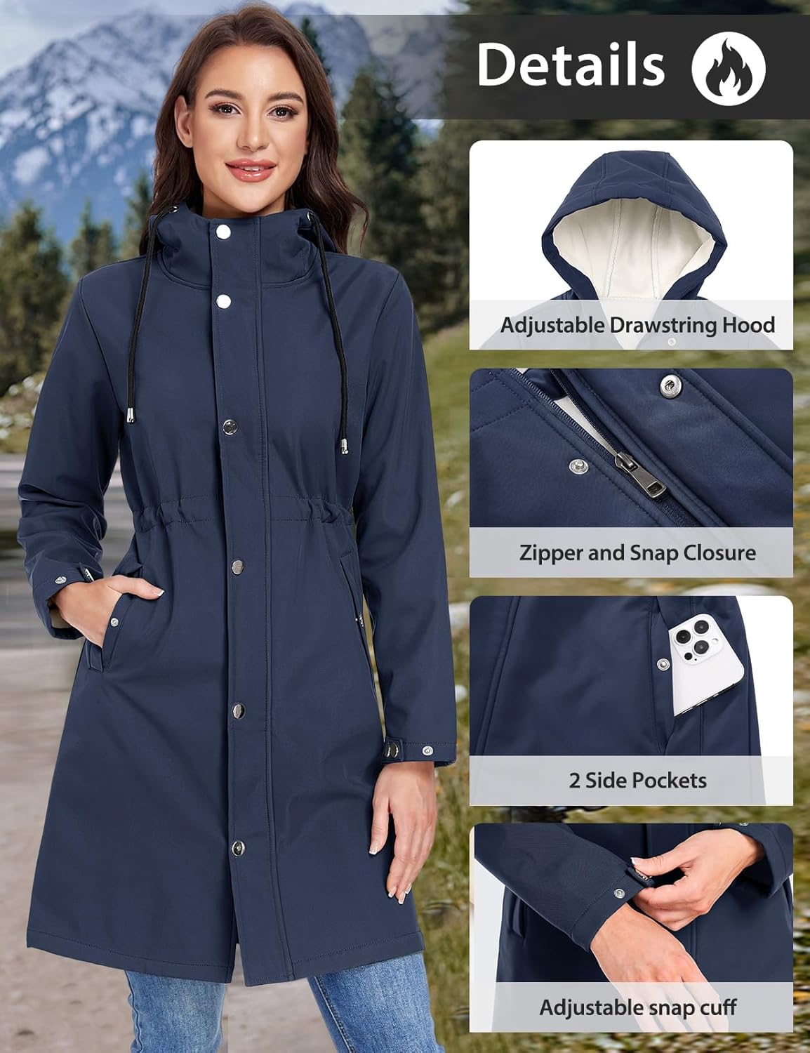 Women's Softshell Long Rain Jacket Waterproof Fleece Lined Windbreaker Lightweight Insulated Warm up Coat with Hood - Image 4
