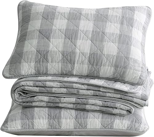 Miniatura 7 de Chezmoi Collection Juego de edredón de algodón a cuadros grises y blancos de 3 piezas, colcha reversible a cuadros de búfalo, colcha ligera de