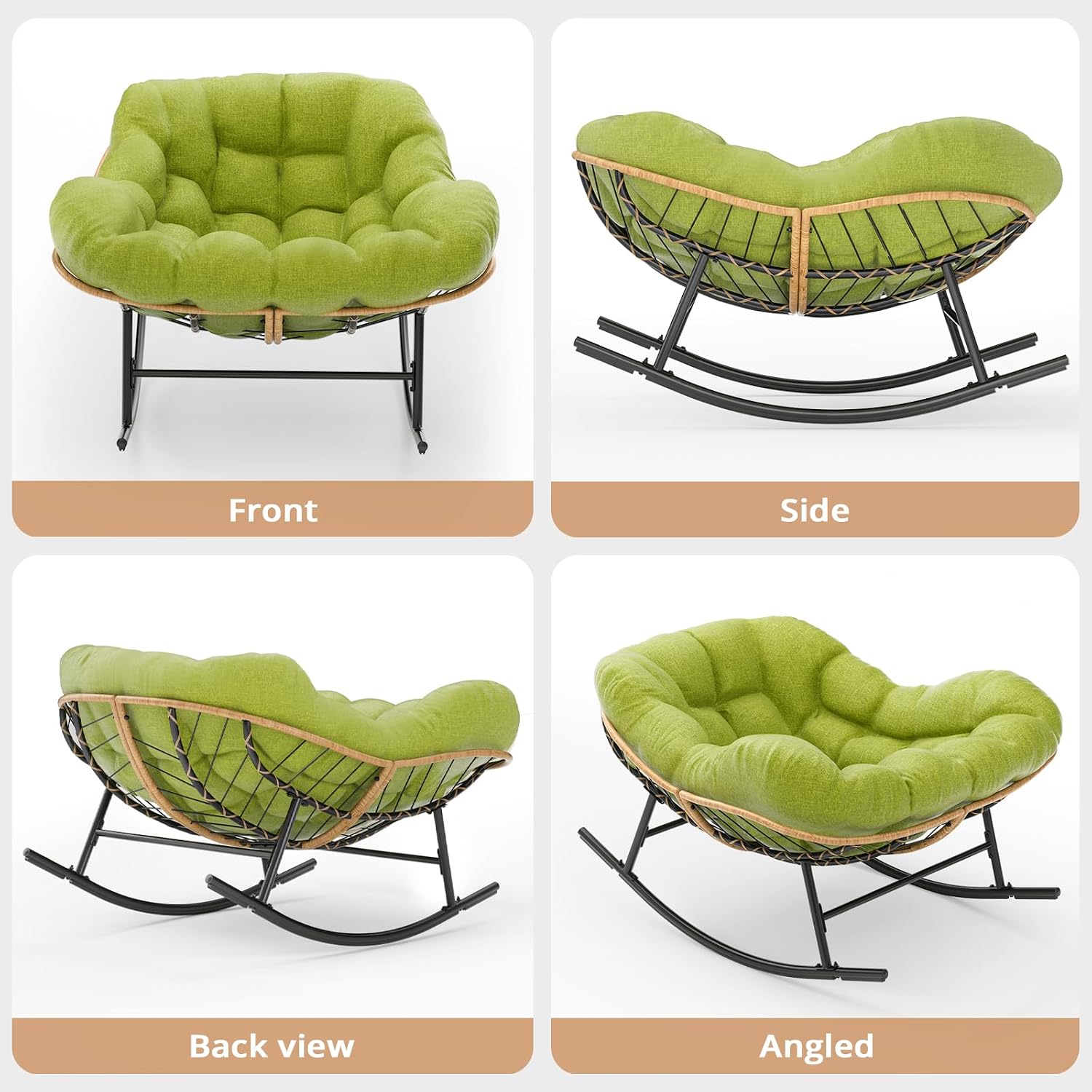 Easyego 2-Piece Oversized Papasan Rocking Chair Indoor Outdoor Use, Comfortable Wicker Rocker with Cozy Thicken Cushion for Deck, Balcony, Poolside, Lawn, Bedroom, Living Room, Green