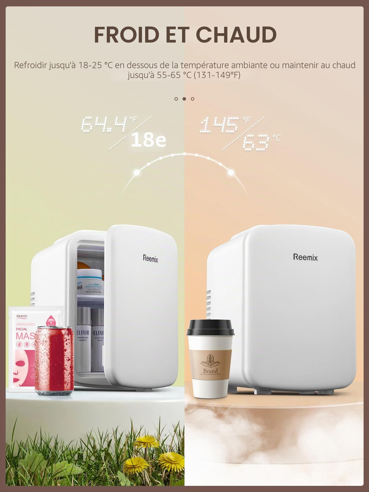 Reemix Mini Frigo de Chambre 4L/6 Canettes, Petit Frigo Portable 240V/12V, Mode Silencieux, Fonction Chaud et Froid, Refrigerateur Petit, Frigo Bar (Blanc)