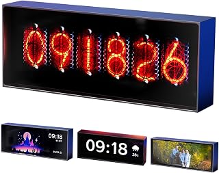 LED Nixie Uhr, LED Digital Clock mit Wetter, Tube Clock mit APP Steuerung, WiFi und Bluetooth Synchronisieren, DIY Customized Photo Video Display, 5 Modi der Zeitanzeige für Schlafzimmer, Schreibti