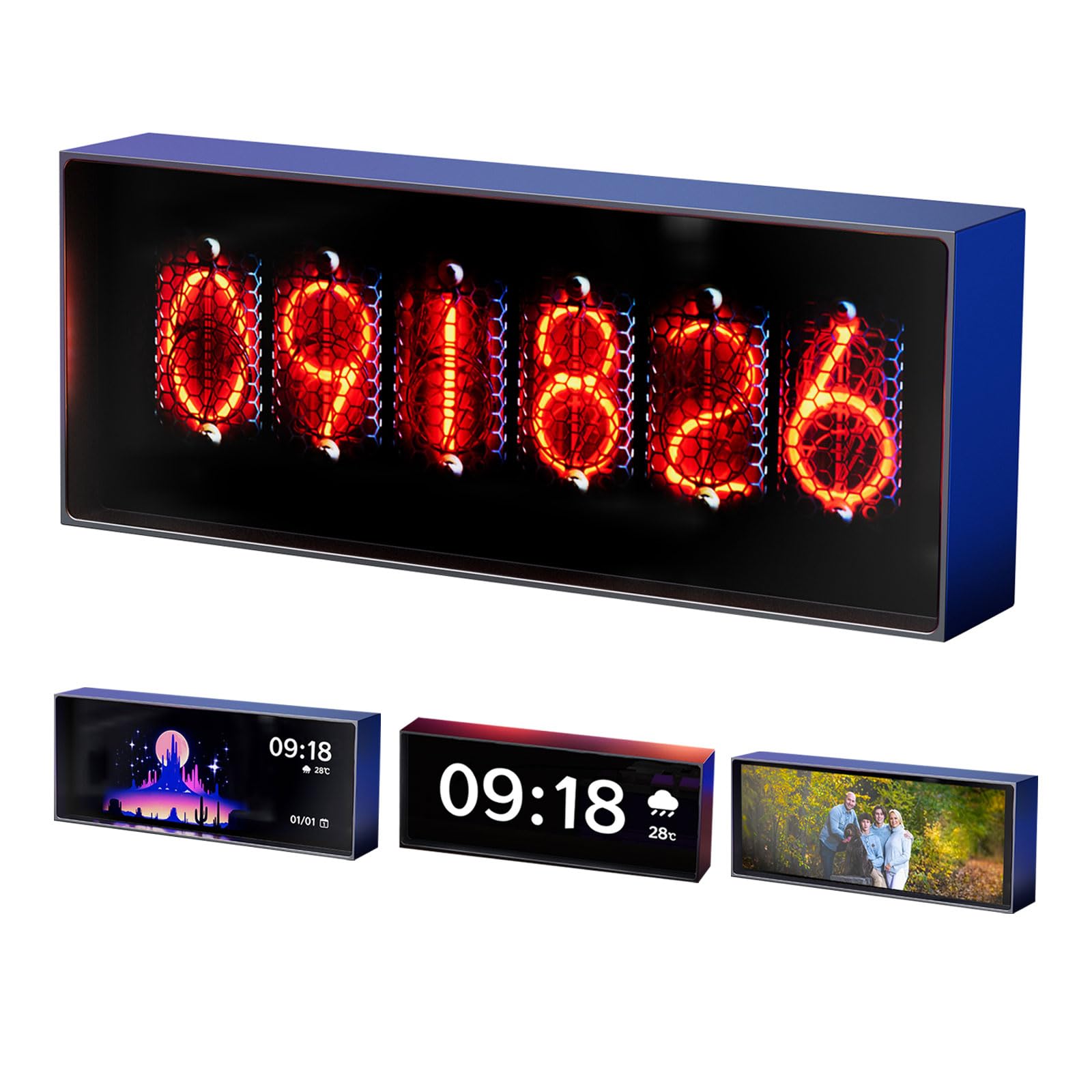 Zegar LED Nixie, cyfrowy zegar LED z pogodą, zegar tubowy ze sterowaniem aplikacją, synchronizacja WiFi i Bluetooth, możliwość spersonalizowania wyświetlania zdjęć, 5 trybów wyświetlania czasu, do