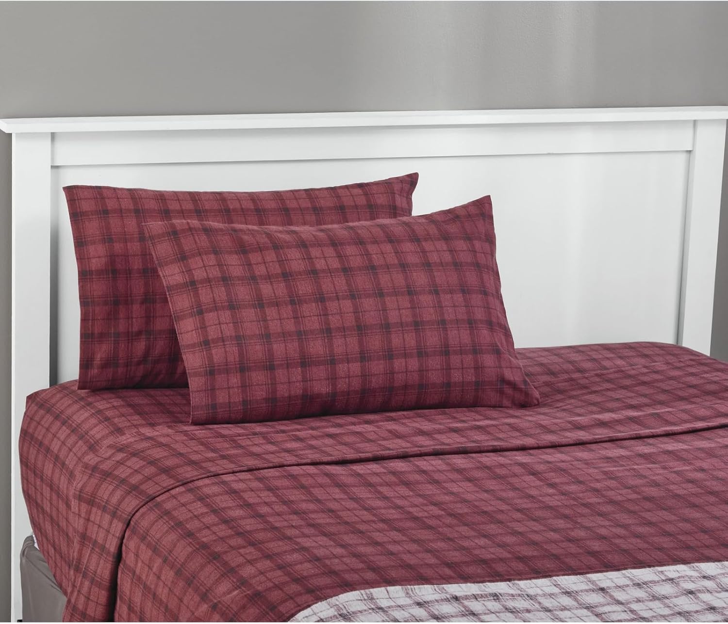 Cotton Flannel Sheet Set, 100% Cotton Brushed Flannel Bedding with Flat Sheet, Fitted Sheet, & Pillowcases, Fits Mattresses up to 15", Wine-Plaid, King