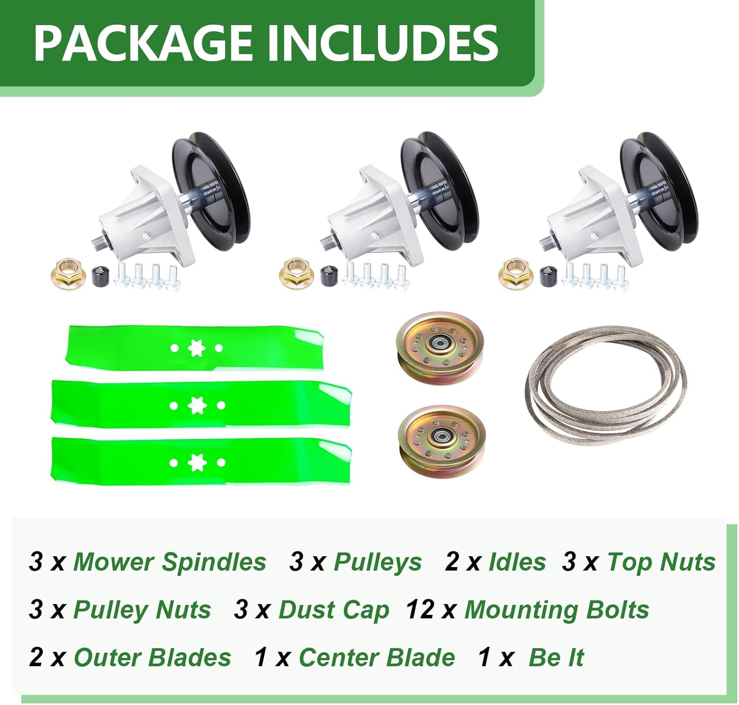 46 inch Mower Deck Rebuild Kit for Cub Ca det LT1045 LT1046, Includes 3 Spindle 618-0660 918-0660, 3 Blade 742-0611 742-04124, 2 Idler 756-04129, 1 Be lt 754-04118