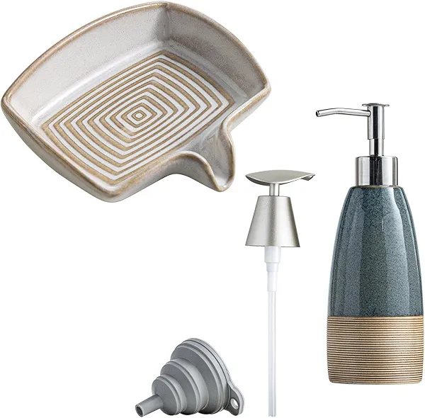 Soap Dishes, Ceramic Shower Soap Dish with Waterfall Design & Soap Dispenser with 2 Pumps, Ceramic Hand Soap Bottle for Shampoo