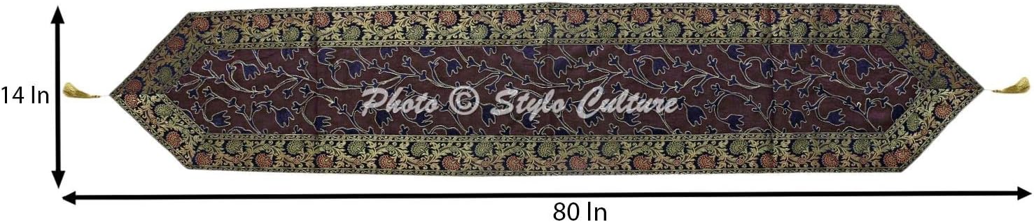 Stylo Culture Indian Center Table Runner Zari Embroidered Tassels Embellished Holiday Long 72 Inch Blue Purple Bohemian Brocade Jacquard Bordered 6 ft Decorative Placemat Ethnic Wedding Party Decor - Image 5