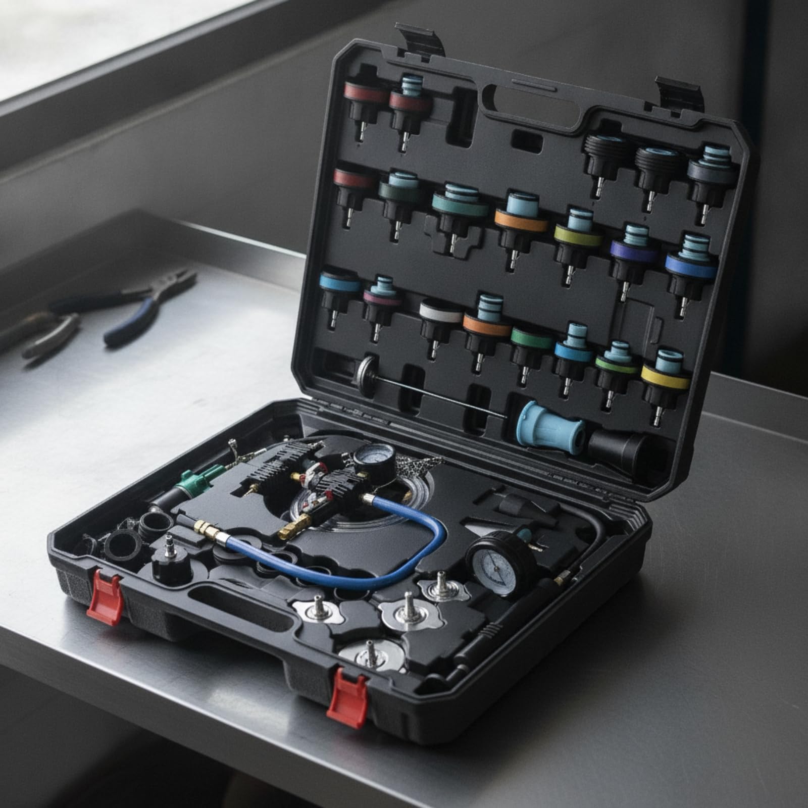 46 Piezas Kit Comprobador Presión Radiador Portátil Herramienta Prueba Presión Radiador Rápido para Mecánicos Automotrices