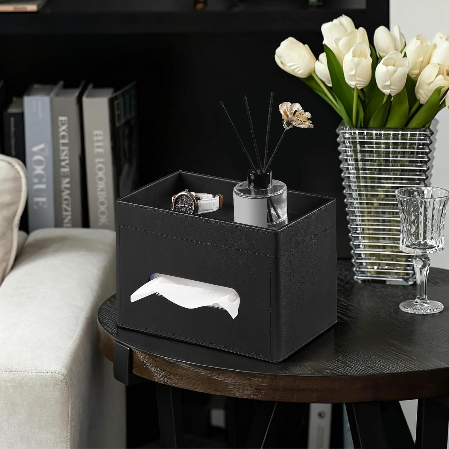 Plus Size Tissue Box Cover Rectangle, PU Leather Tissue Box Holder with Storage Tray, Decorative Organizer Tissue Holder for Bathroom, Bedroom Dresser, Night Stand, Office (Black)