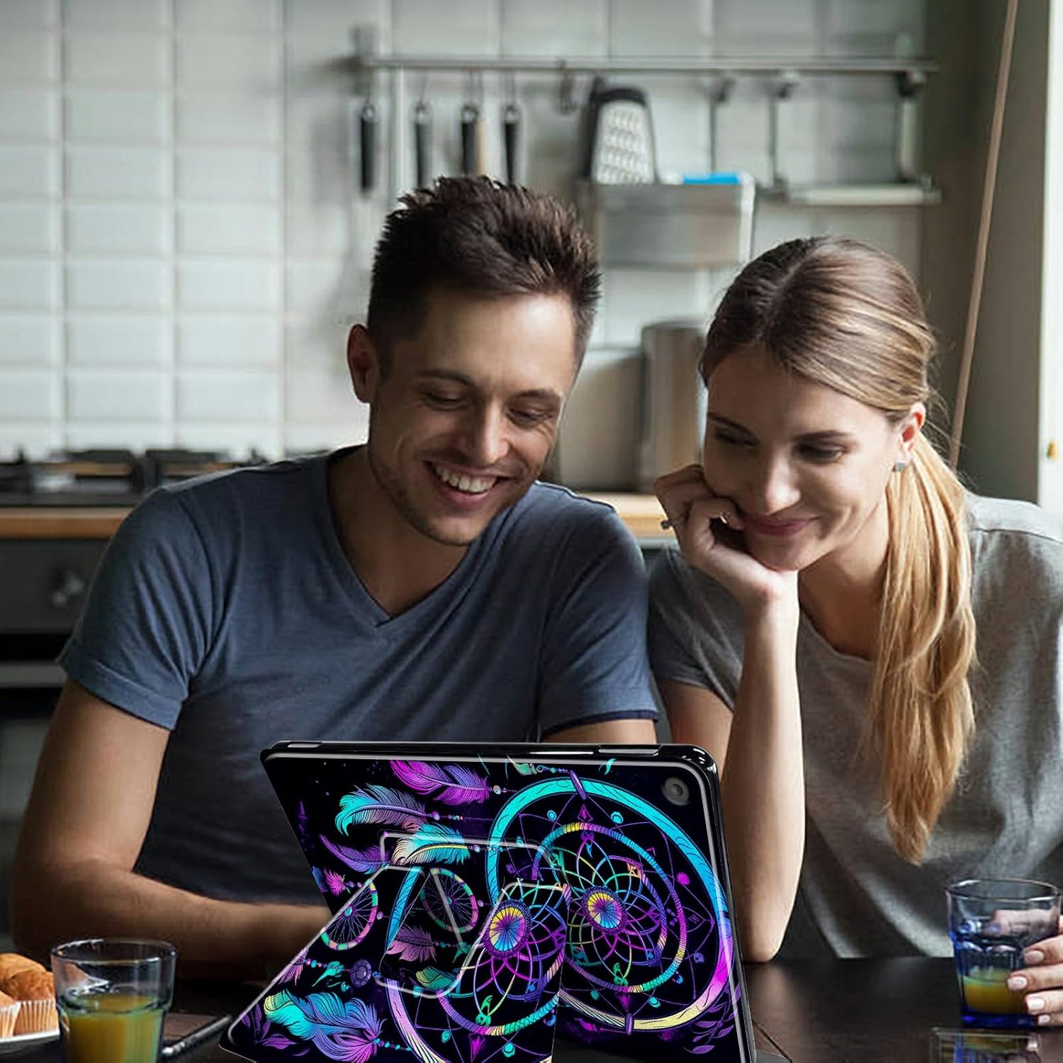for Kindle Fire HD 10 (9th / 7th / 5th Generation, 2019/2017/2015 Release) 10.1" Tablet Case-360 Rotating Stand Folding Protective Cover with Auto Sleep/Wake,Rainbow Dream Catcher