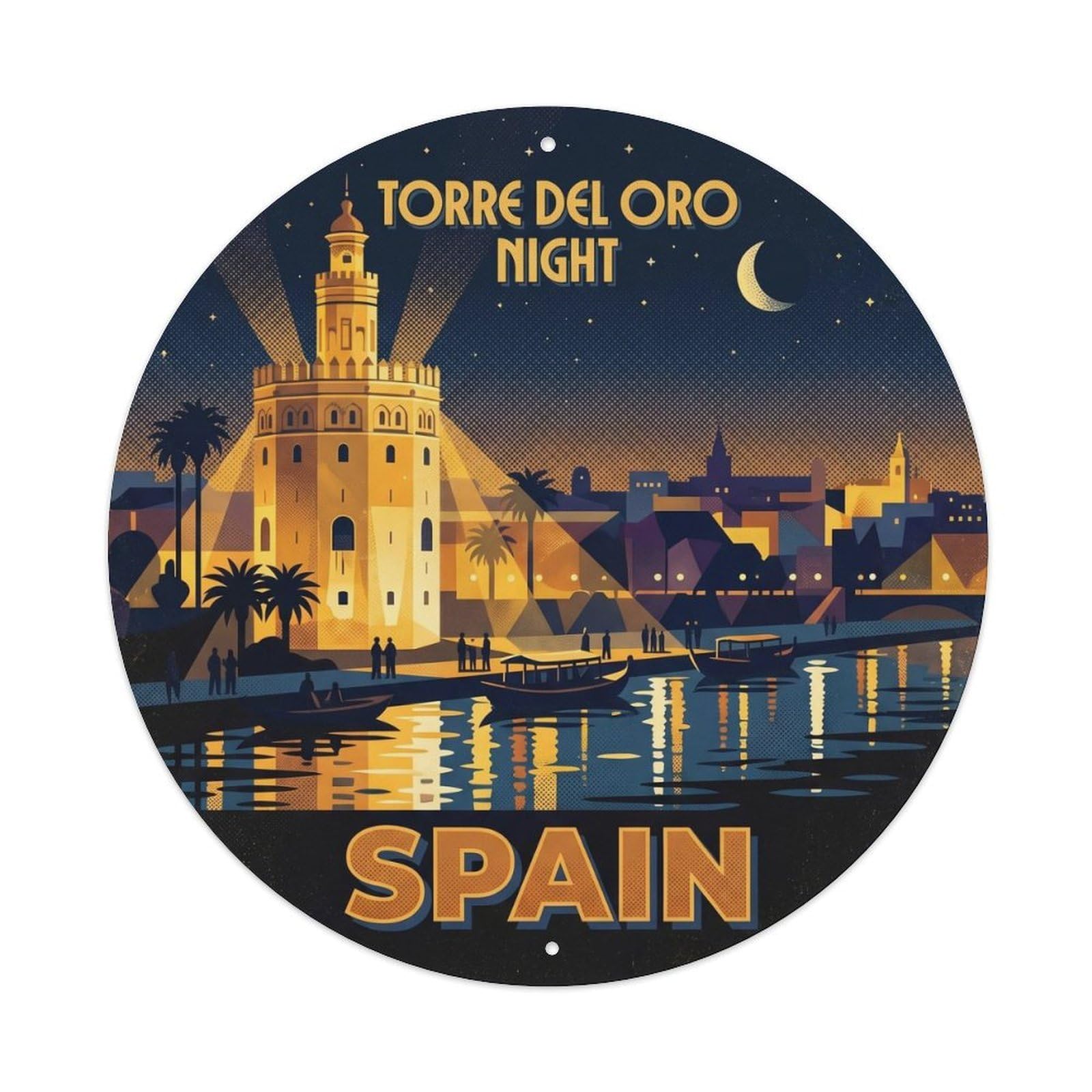 Sevilla Torre Del Oro Night Spain Landmark Travel Metal Tin Sign