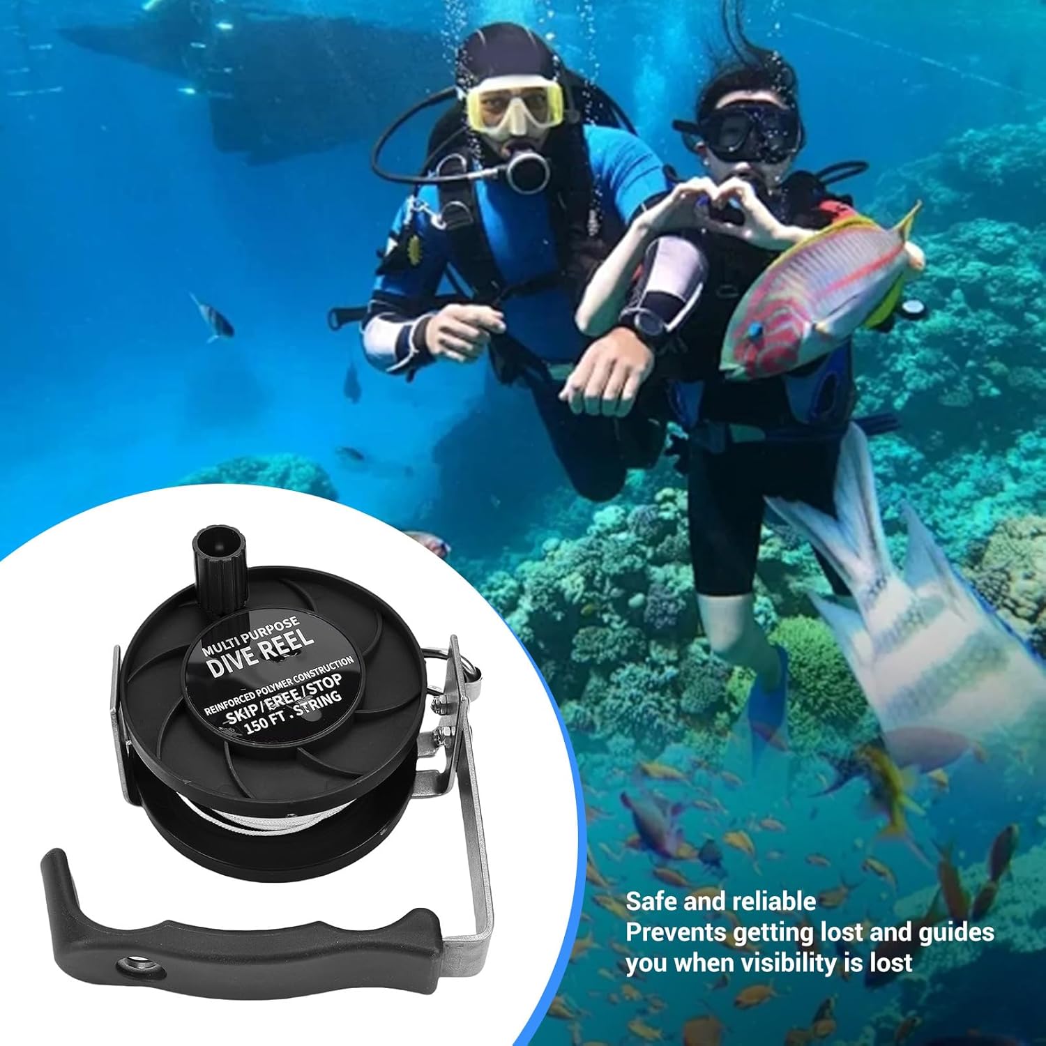 LICAEVEY Dive Reel, Stainless Steel 150FT Line with Handle for Underwater Cave Wreck Diving and BCD Diving