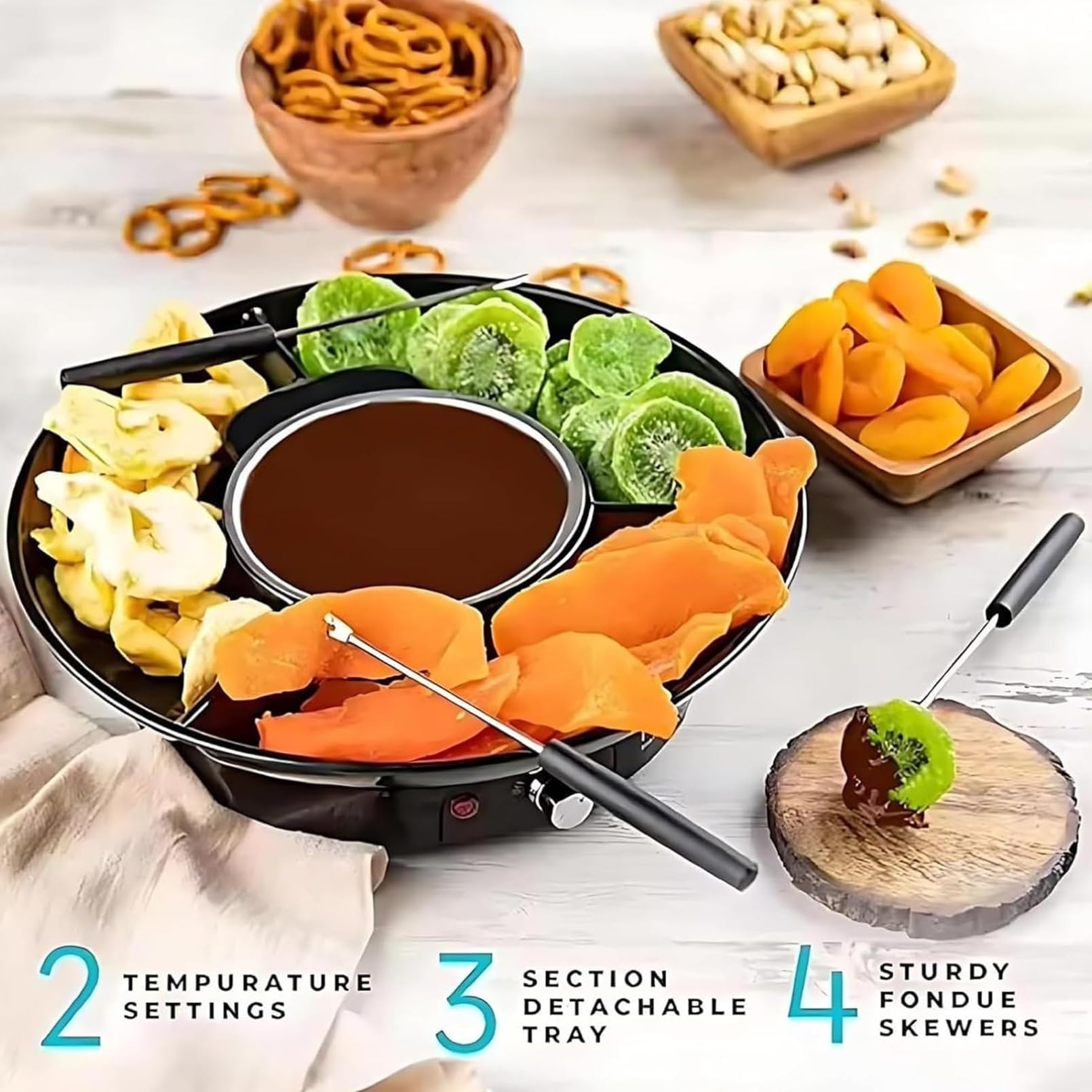 S'mores eléctrico - Juego de olla para fondue de chocolate, temperatura ajustable de 40 a 70 °C, kit de fiesta interior sin llama con 6 tenedores