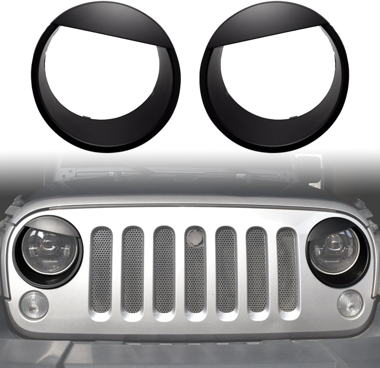 Iparts Angry Eyes Black Bezels Front Light Headlight Trim Cover ABS Replacement for Wrangler Accessories Rubicon Sahara JK 2007-2017