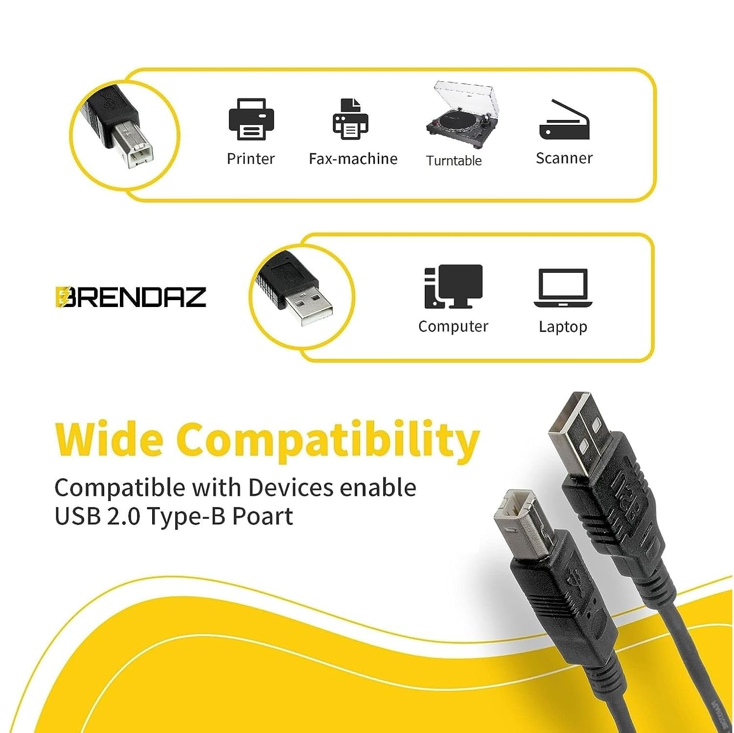 (10-Pack) USB A to B Printer Cable, 1ft. High Speed Transfer Scanner Printer Cord Compatible for HP Canon Dell Epson Brother Lexmark Xerox Samsung Piano DAC, Etc (1-Feet)