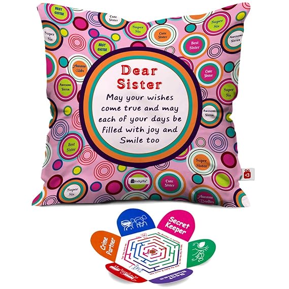Indigifts Sister May All Your Wishes Come True Quote Micro Satin, Fibre Cushion Cover with Filler (12x12 Inches, Pink)