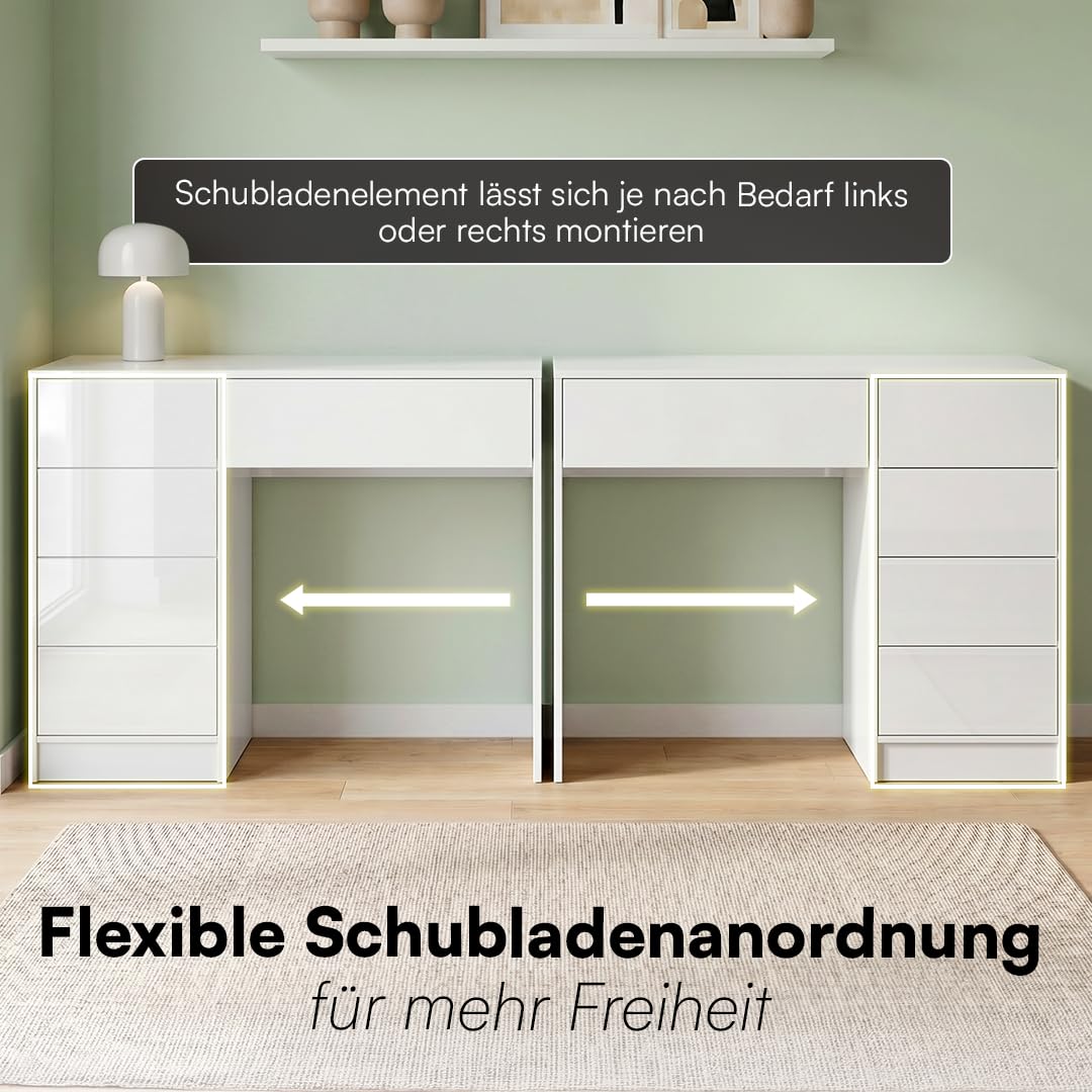 Bellamio Livny Schreibtisch Hochglanz Weiß mit 5 Schubladen, Bürotisch | Schminktisch, Jugendschreibtisch, 80x53x110 cm, Schubladen beidseitig montierbar, Schreibtisch mit Stauraum, White Desk
