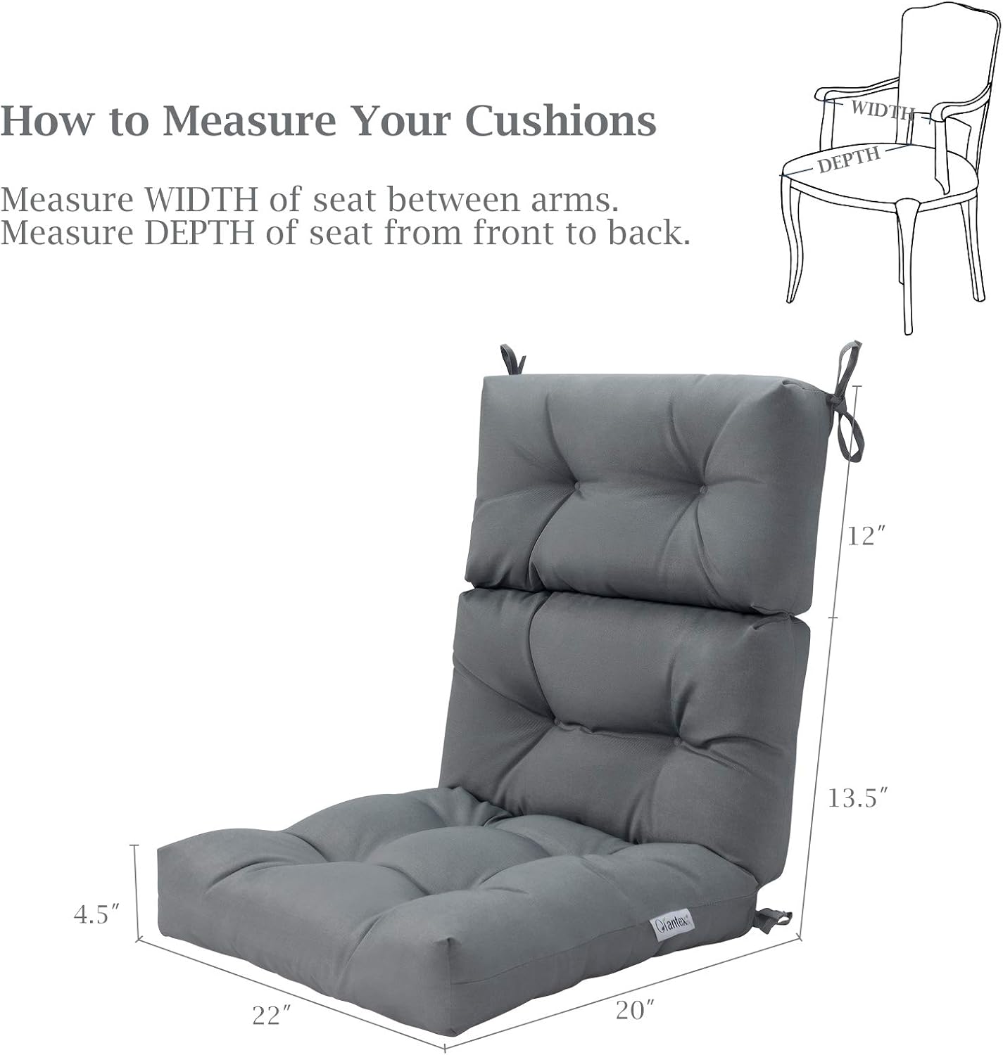 Giantex Tufted Outdoor Patio Chair Cushion 4.5", High Back Chair Cushion with 4 String Ties, Patio Seat Cushion for Swing Bench Wicker Seat Chair (Gray)