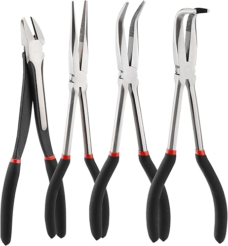 Mayouko Juego de 4 alicates de largo alcance, punta de aguja de 11 pulgadas, nariz doblada de 45 y 90, alicates diagonales para espacios estrechos