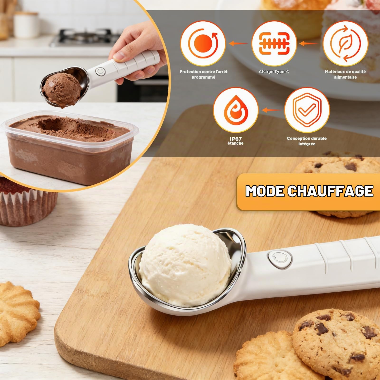 Cuillère à Glace Chauffante, Cuillere Glace Boule électrique | Chauffe à 45/70 °c, Rechargeable Pour Crème Glacée, Gelato Ou Yaourt Glacé, Facile Pour Les Personnes âgées Et Les Enfants