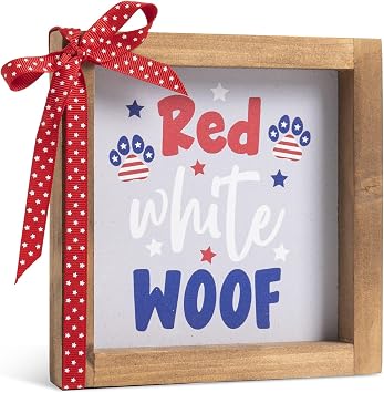 Patriotic 4th of July Decor, Wooden Red White Blue Dog Paw Woof Sign, 250th Anniversary Independence Day America Rustic Wood Signage Indoor Table Wall Shelf Tiered Tray Desk Office Home Decorations