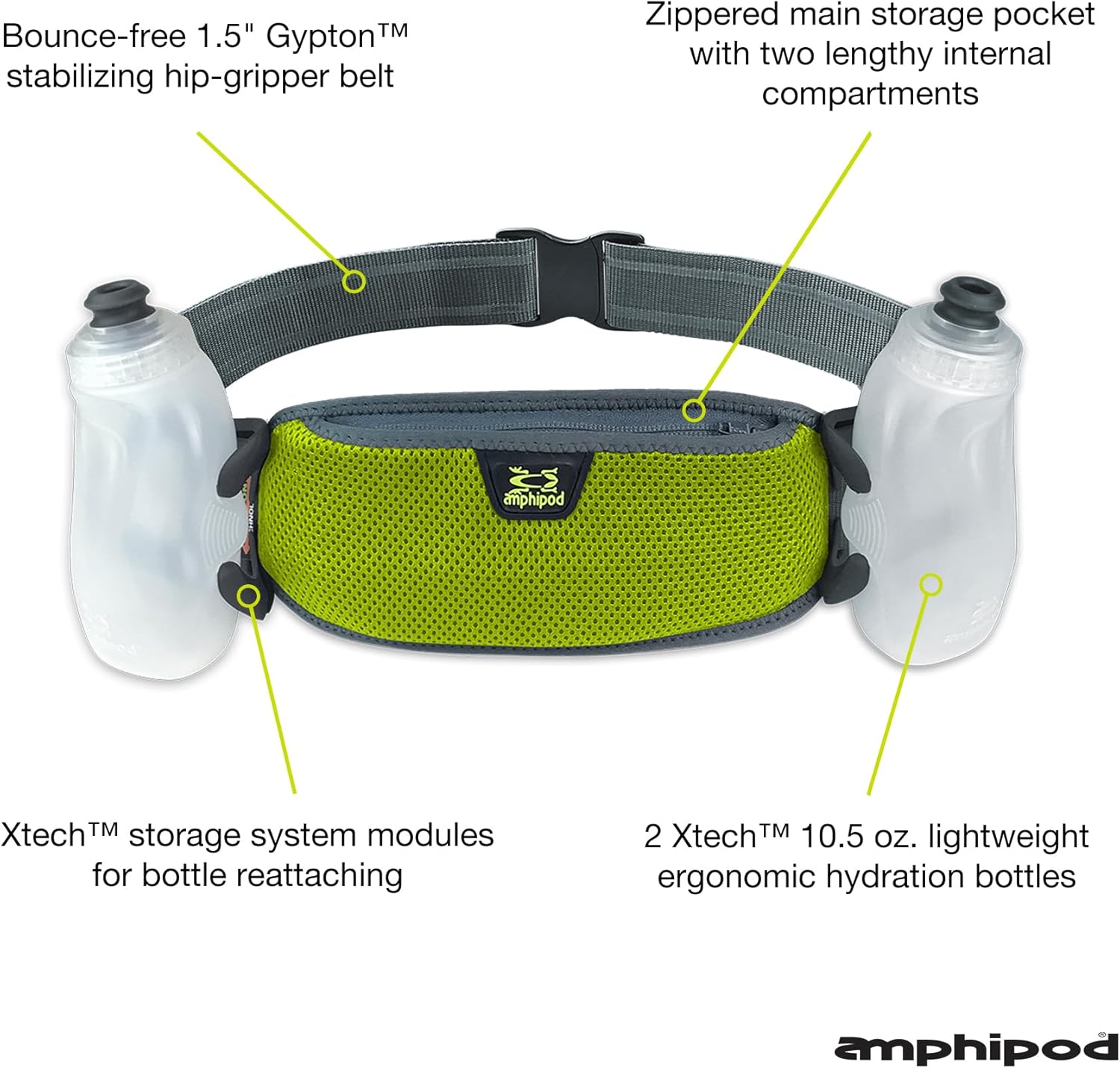Amphipod RunLite Xtech 10K Hydration Belt, Ultra Runners Waist & Hydration Belt for Endurance Running, Racing, Men & Women - Amp Green - 21 oz