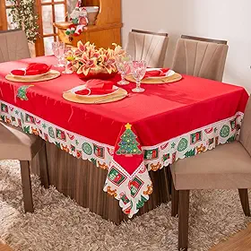 Toalha de Mesa Retangular para 8 Lugares Avulsa Bordada Natalina 2,50m x 1,50m - Decoração Natal Festas Fim de Ano (Arvore Natal Vermelho)