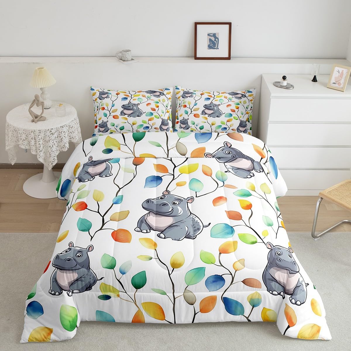 Erosebridal Cute Hippo Queen Comforter Set 7pcs for Kids Child Hippie Floral Bedding Comforter Sets, Chic Flower Bed in a Bag Watercolor Leaves Bedding Set, Woodland Wildlife Bed Sheets Set