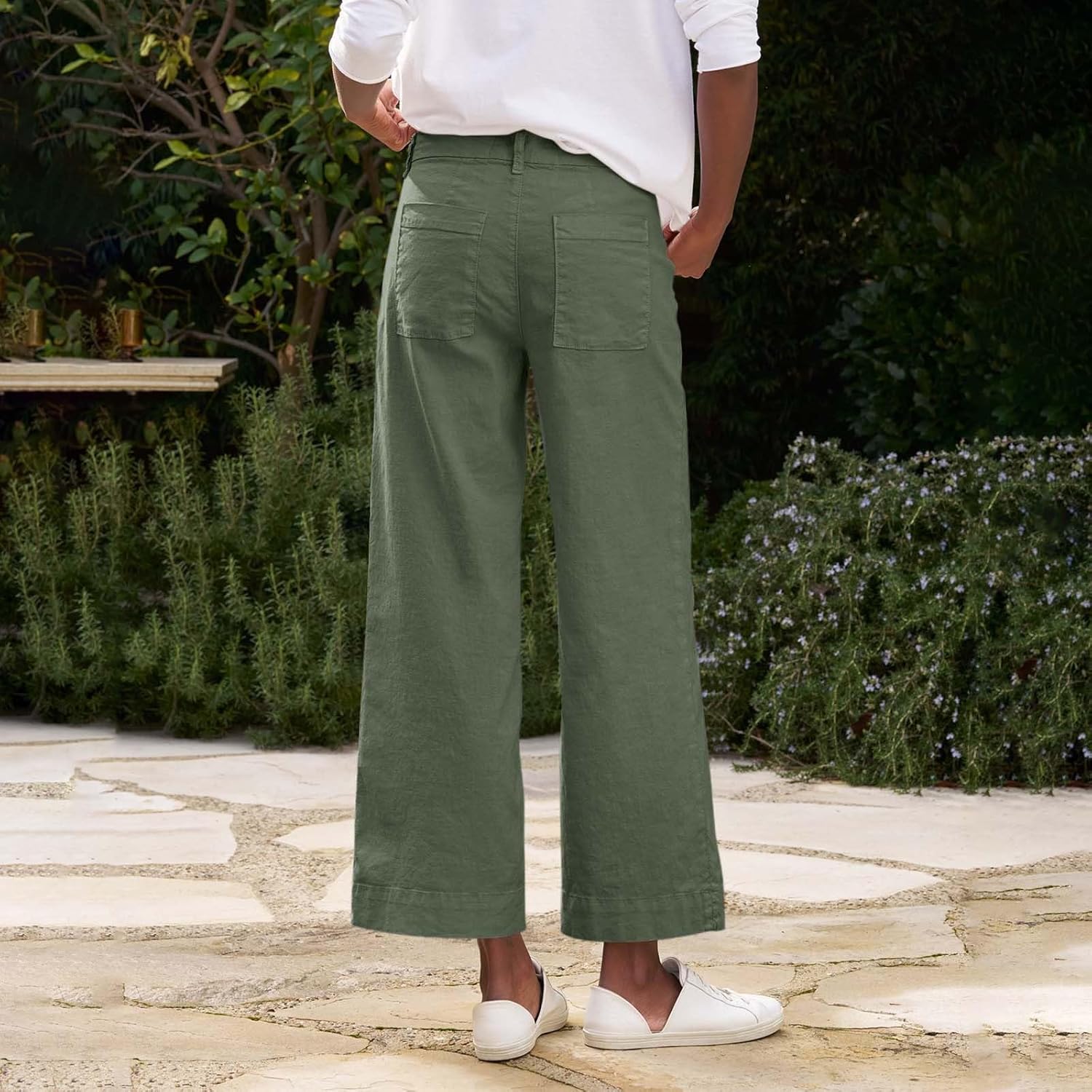 Womens Wide Leg Linen Pants Elastic High Waist Cropped Pants Summer Business Casual Work Pants with Pockets - Image 7