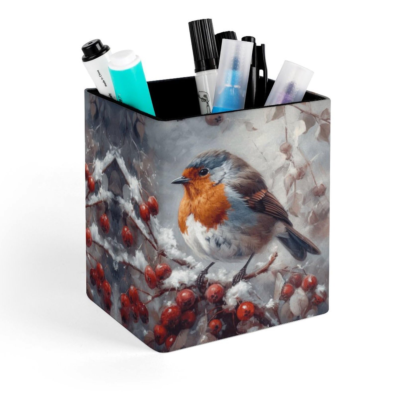 FekiLoot Bird on Branch Pencil Holder Square Leather Pen Holder Cup Modern Multi-Functional Pencil Cup Holder Decorative Desk Organizer Caddy Makeup Brush Holders for Desk Office
