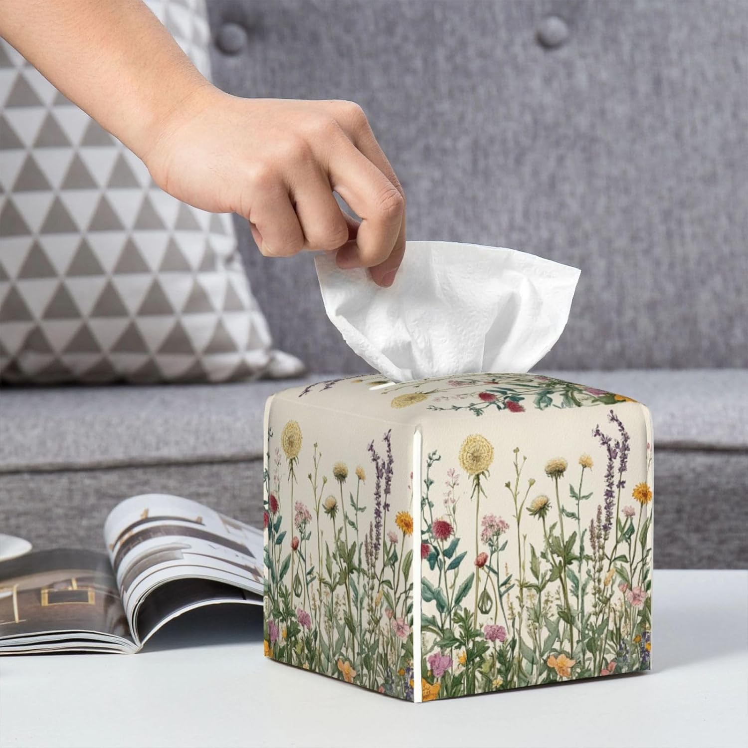 Vintage Dandelion Herbs Tissue Box Cover Spring Summer Wild Flowers Florals Square Leather Tissue Holder Decorative Facial Tissue Cube Paper Cover Case Organizer for Bathroom Night Stands Desk Home