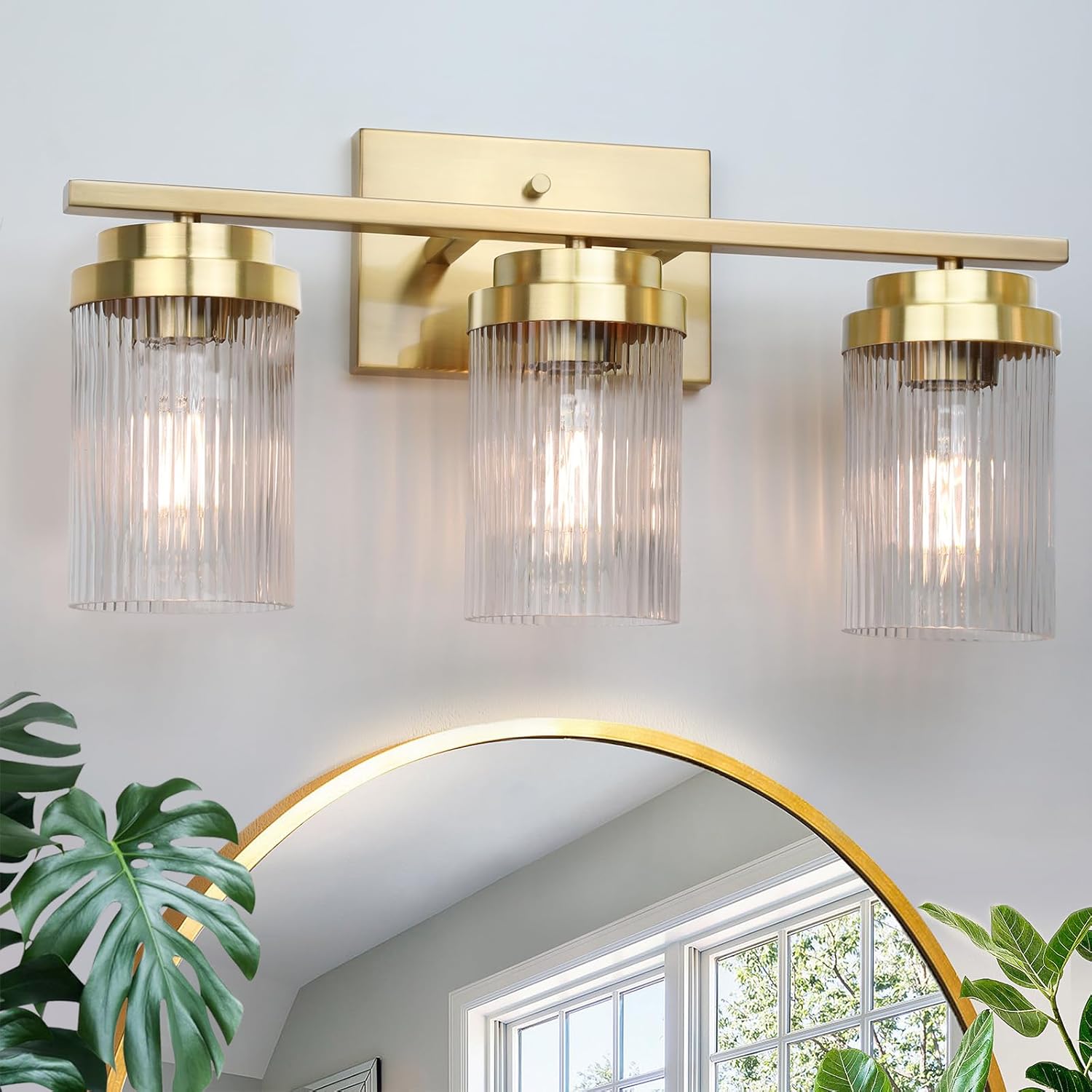 JUNNAI Gold Bathroom Light Fixtures 3 Lights Vanity Light with Grooved Glass Shade Vanity Lights ...