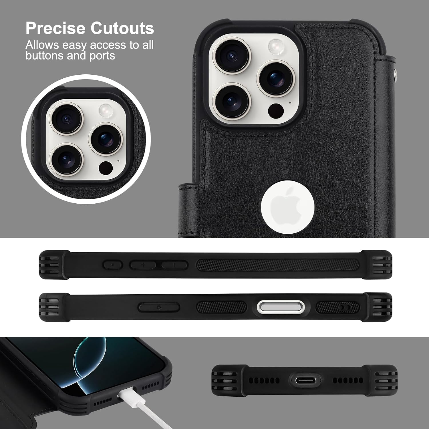 VANAVAGY Compatible for iPhone 16 Pro Wallet Case, PU Leather Flip Cover with RFID Blocking Card Holder Wrist Strap Kickstand for Wireless Charging, [Screen Protector & Camera Cover], Black