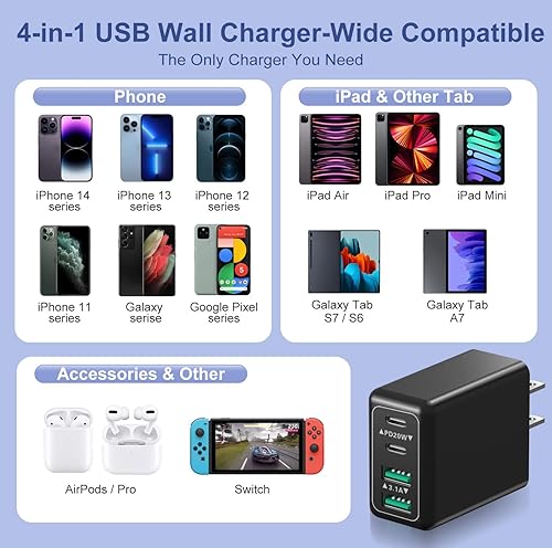 Miniatura 6 de Costyle - Cargador de pared USB C, multipuerto, 40 W, 4 puertos, doble puerto USB C, bloque de carga tipo C PD y QC, enchufe de pared tipo C, bloque