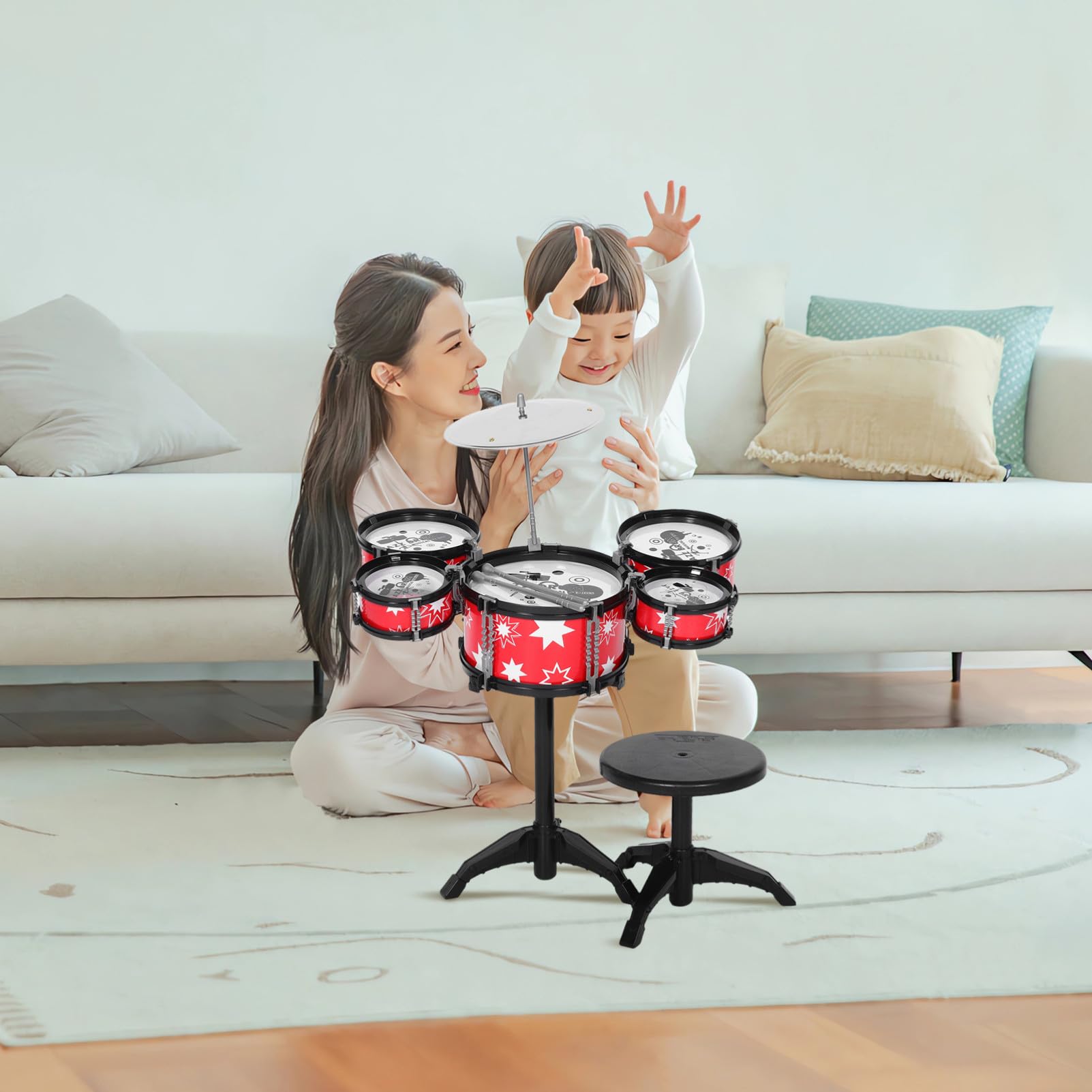 Juego de Minibatería Infantil de Plástico Rojo Diseño Realista y Seguro para Bebés, Juguete Musical Educativo para Niños Pequeños y Bebés