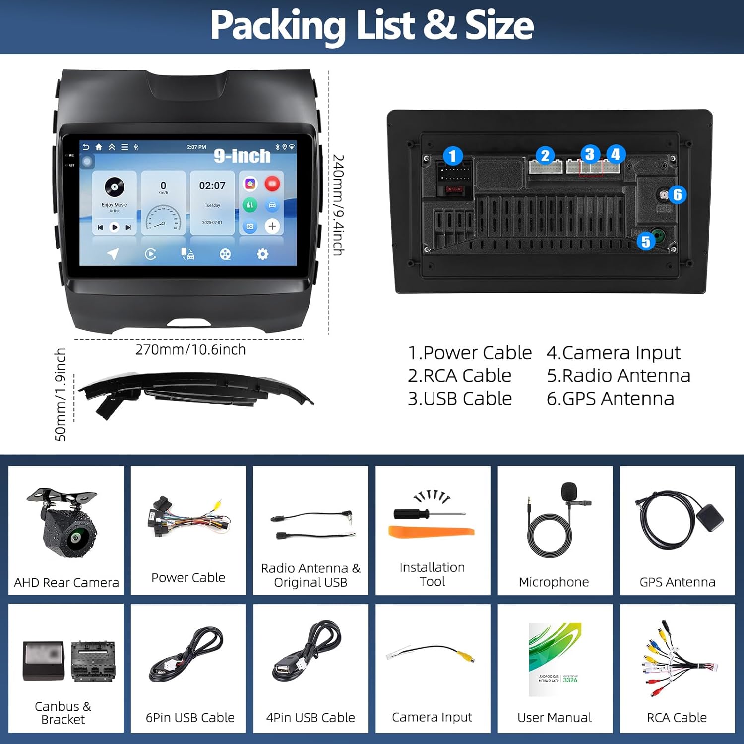 CAMECHO 4+64GB Car Radio Stereo for Ford Edge 2015 2016 2017 2018, 9" Incell 1280 * 720 Touch Screen Head Unit with Android 15 CarPlay Android Auto GPS Navigation Bluetooth FM RDS Backup Camera